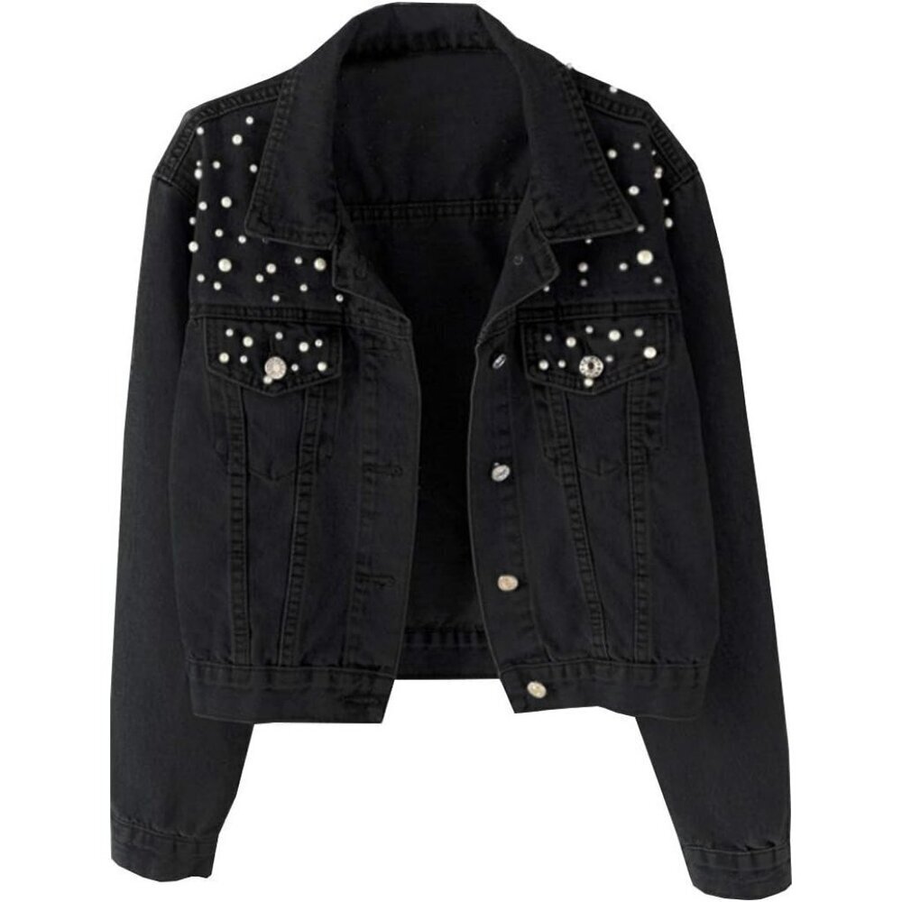 Women's Oversized Denim Jacket Embroidered Pearls Beading Jeans Coat Black
